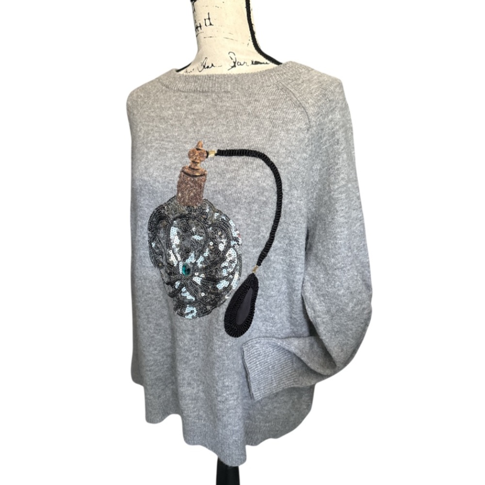 Gray Alpaca Blend Sequin Perfume Bottle Sweater Crew Neck Holiday Novelty Top L